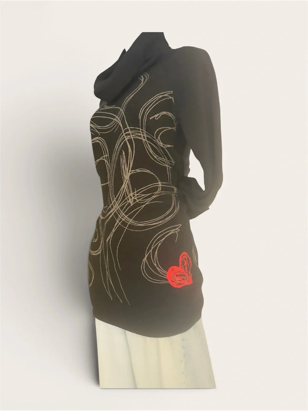 Vintage Desigual Black long Sweater / Dress with Cream Swirl and Red Heart